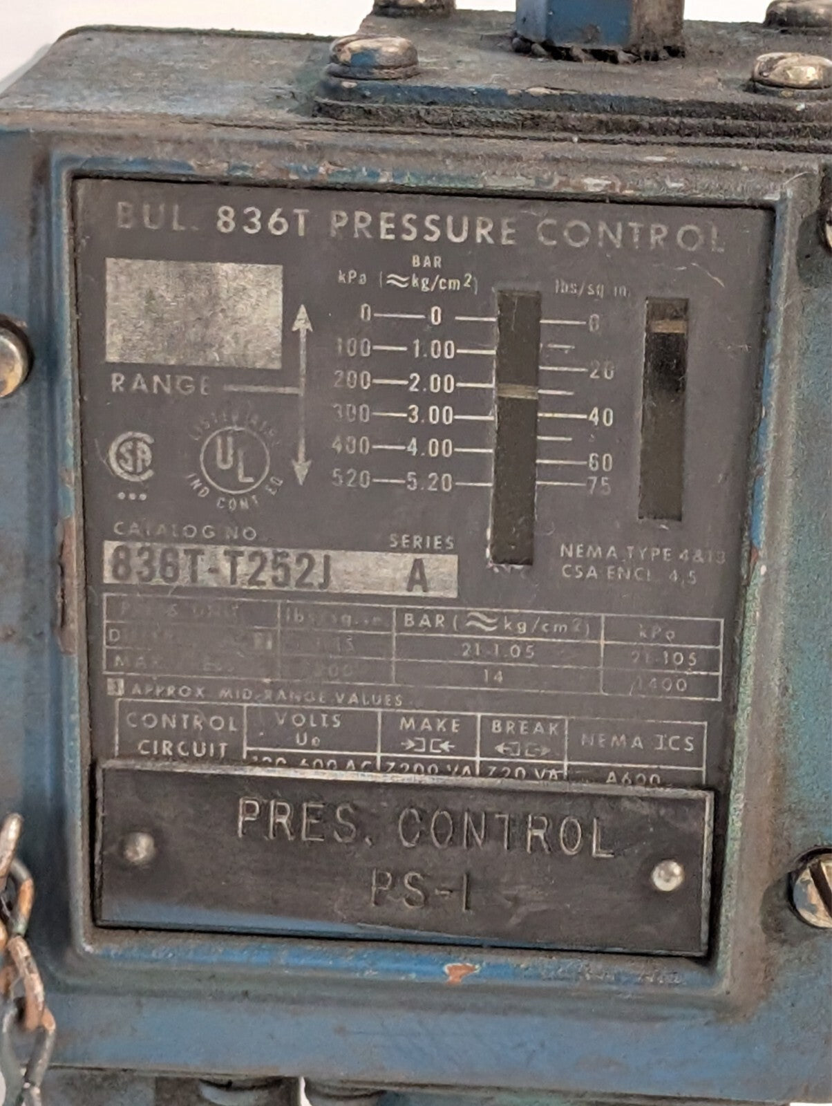 Allen Bradley 836T-T252J Ser A Pressure Control Switch Range 6-75 PSI 600V