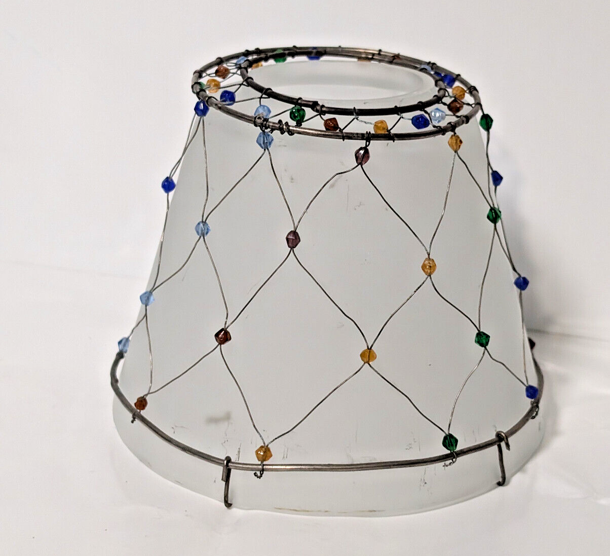 Vintage smoked glass, beaded, silver wire, lamp shade for accent lamp, 4.5"x5.5"