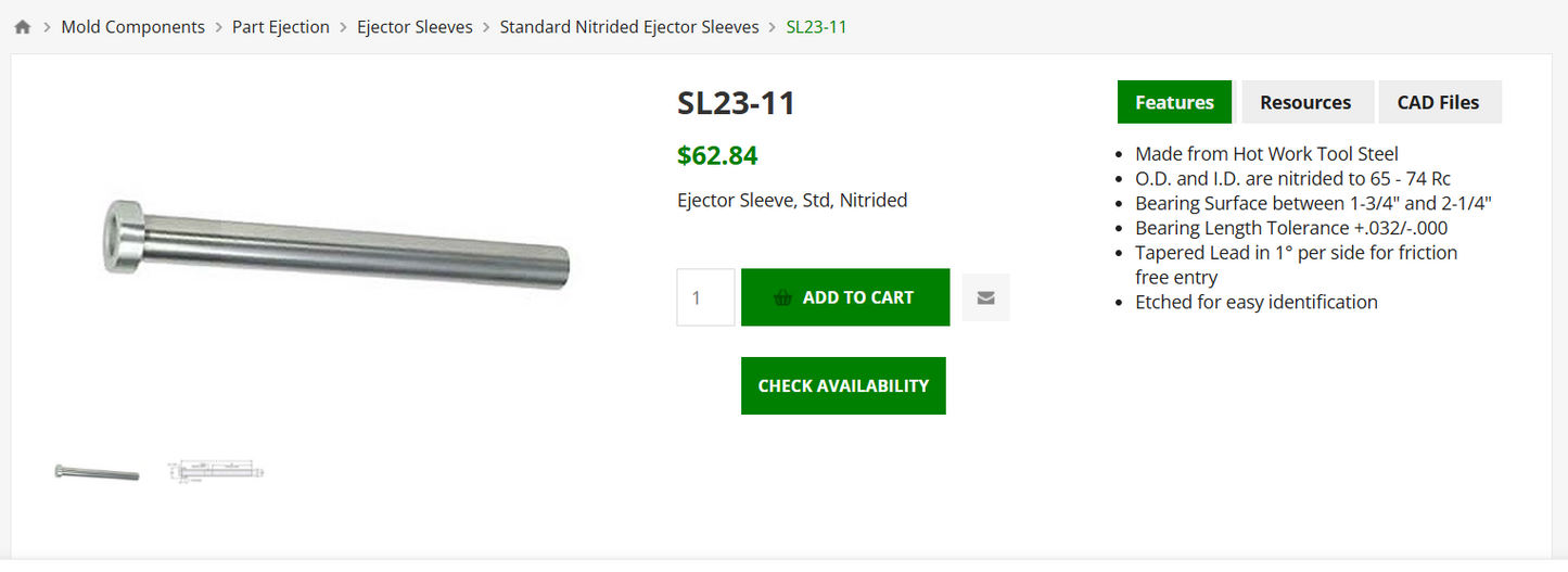 (1) PCS SL23 11/32 Ejector Sleeve, Std, Nitrided