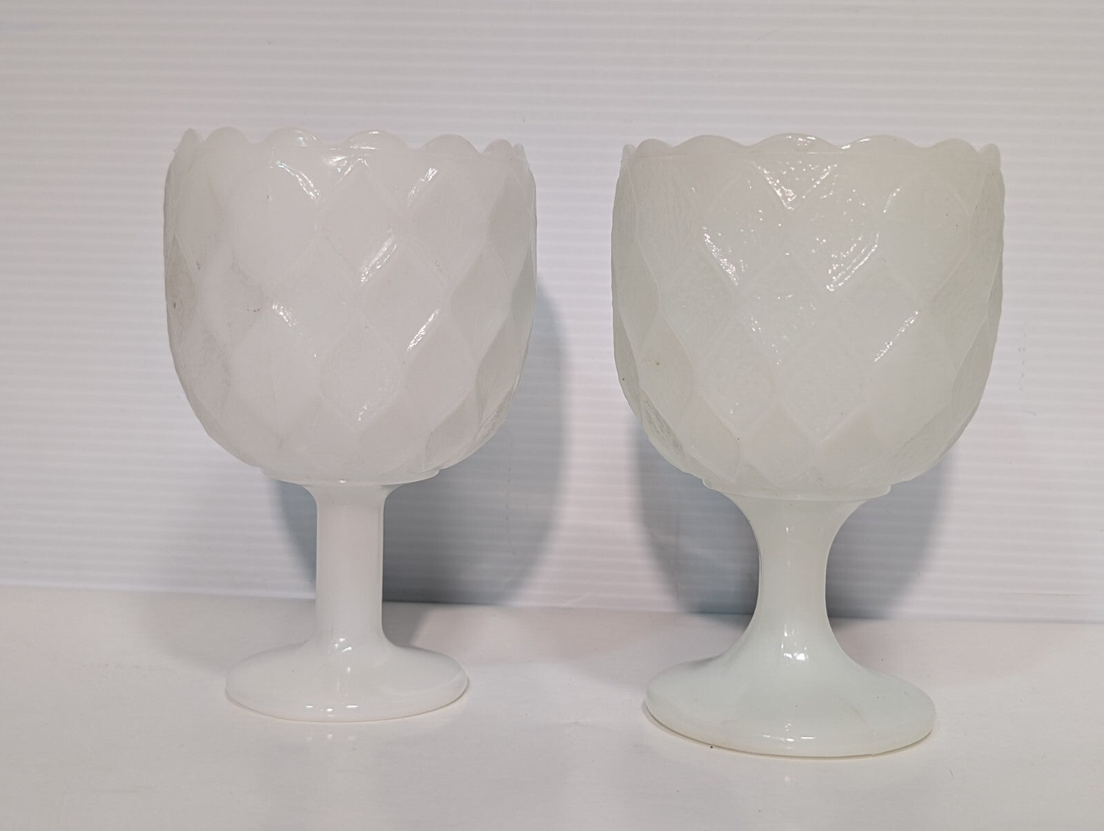 Two Vintage EO Brody + Indiana Glass Milk White Glass Goblets Harlequin Pattern