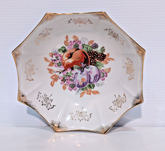 Vintage Antique Victorian Porcelain Bowl Plum Nectarine Berry Fruit Gold Tone