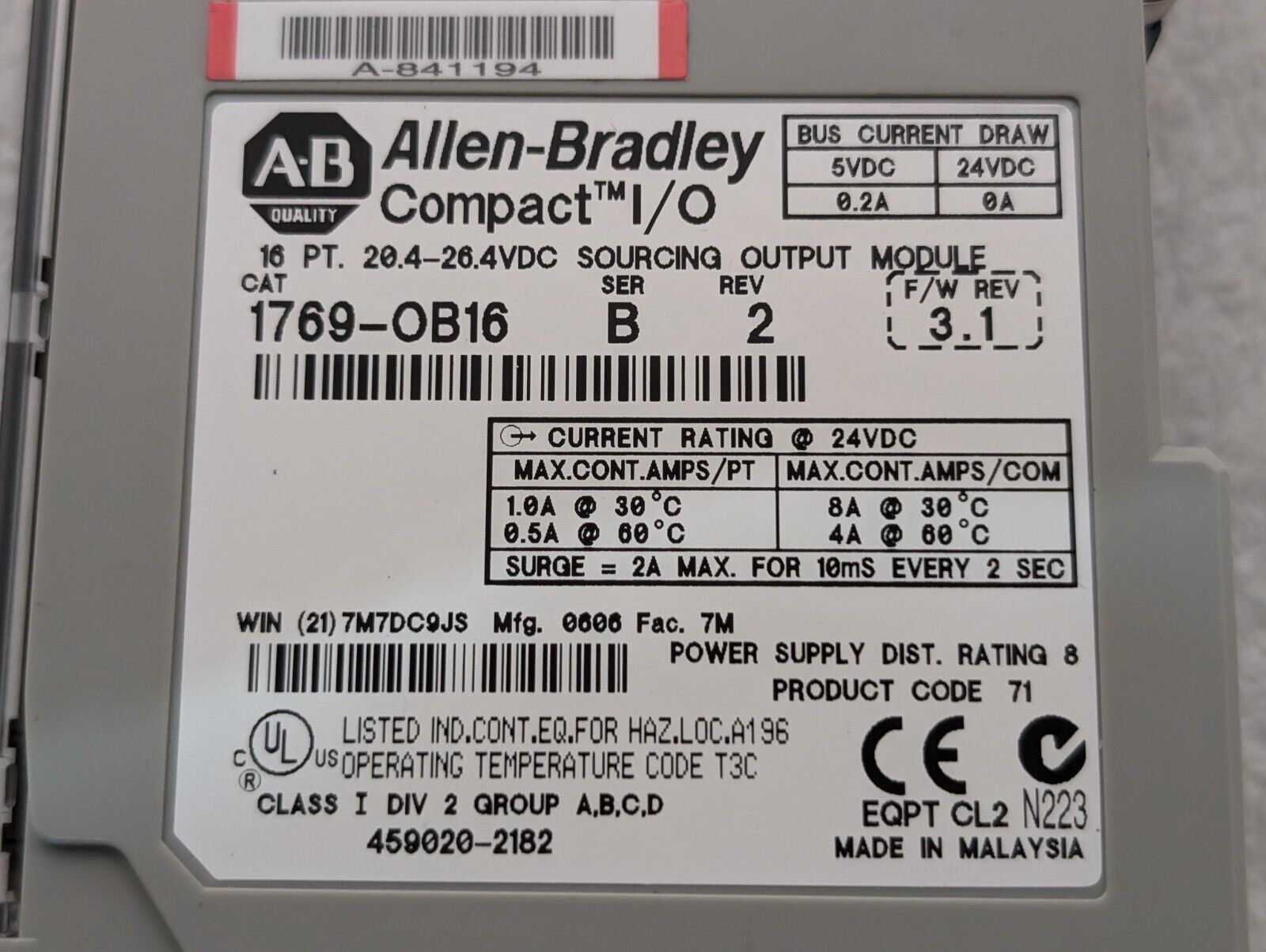 Allen Bradley 1769-OB16 Compact I/O Module, 16 Pt, 24VDC, Series B - Free Ship