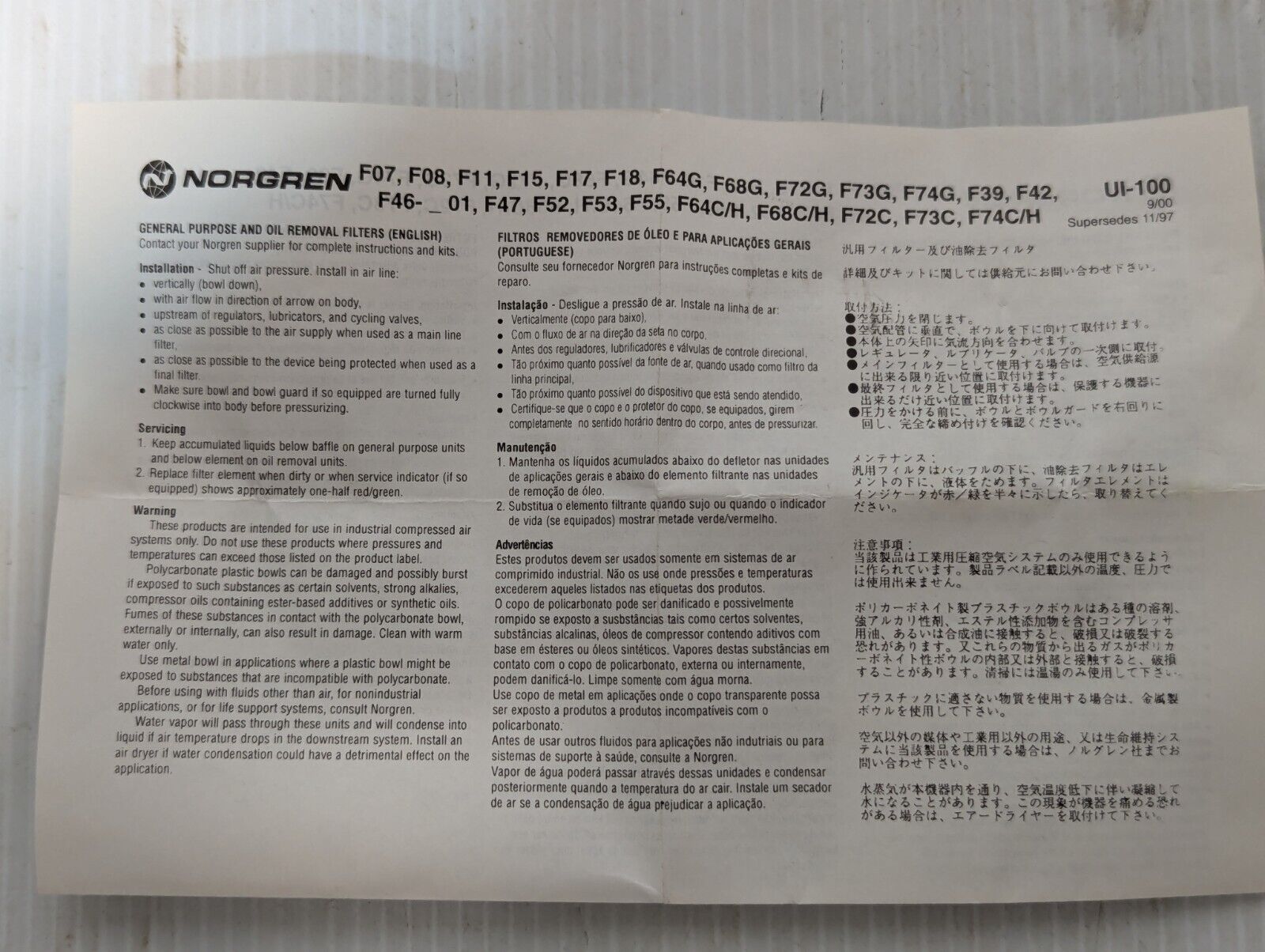 Norgren Excelon F74H-4AN-AD0 High-Flow Coalescing Filter 250psi - Free Shipping