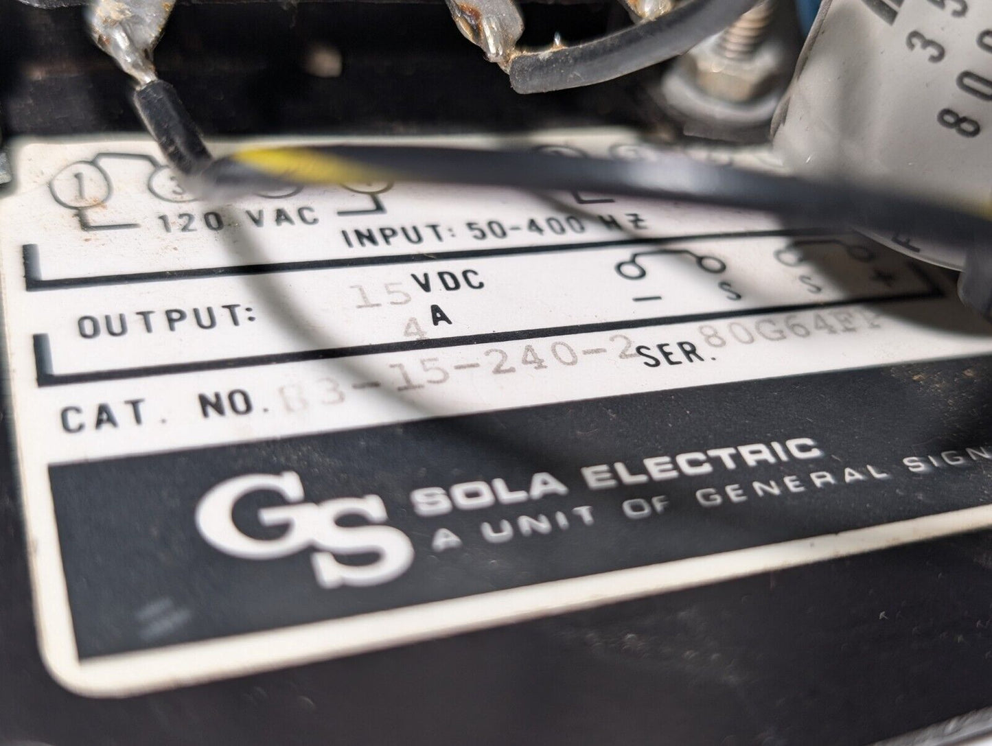 Sola Electric 83-15-240-2 Power Supply Series 80G64FP 120/240VAC 15VDC 50-400Hz