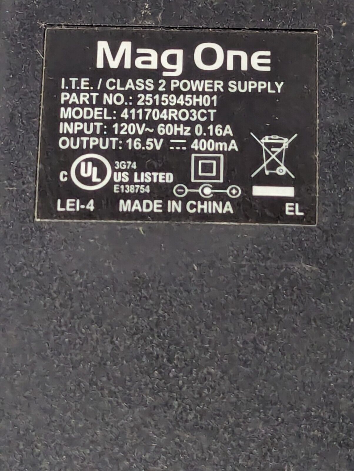 MagOne ITE/Class 2 Power Supply 411704RO3CT 16.5V-400mA - Free Shipping