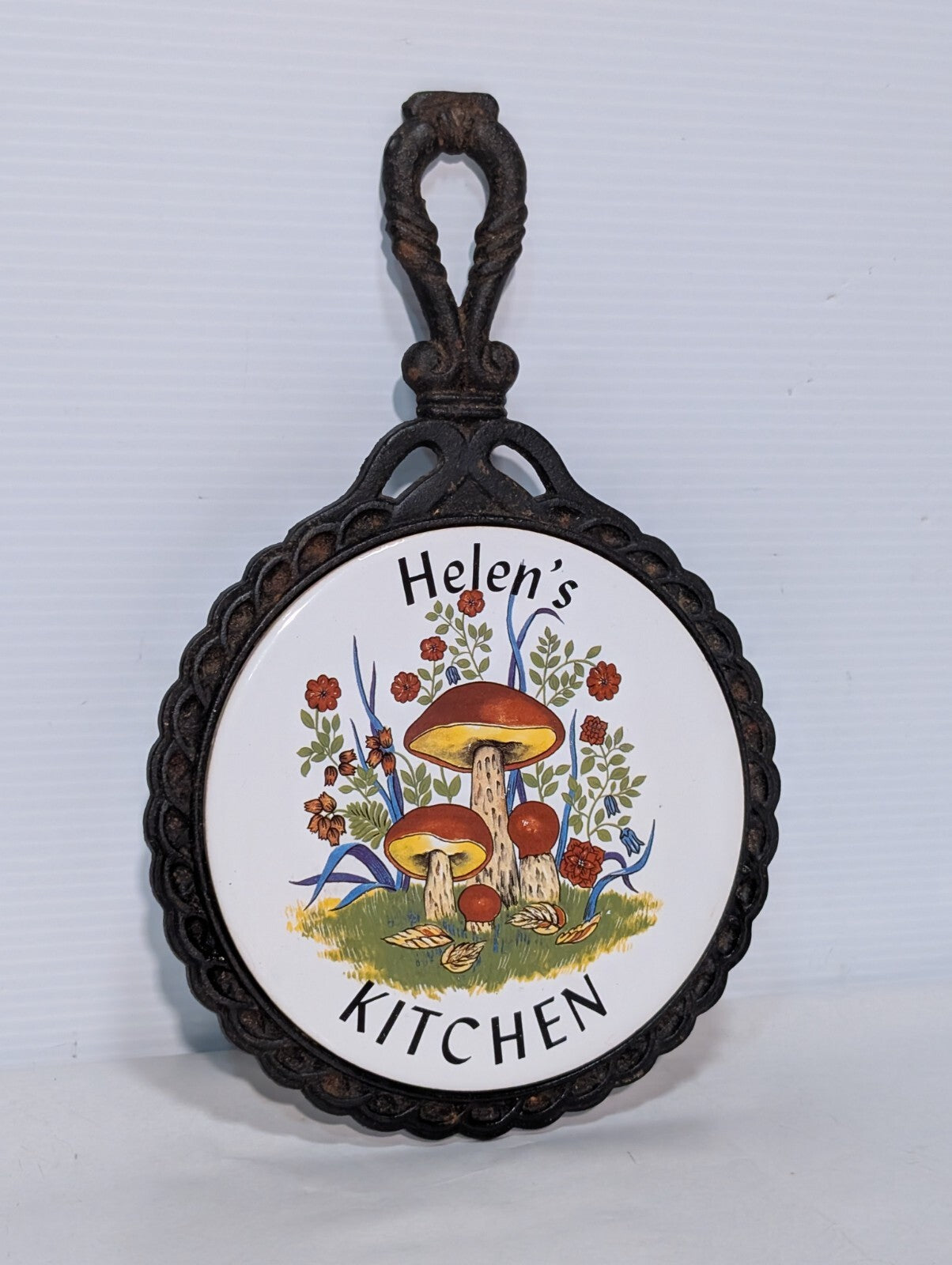Vintage "Helen's Kitchen" Cast Iron Ceramic Tile Trivet 11" L x 7" W
