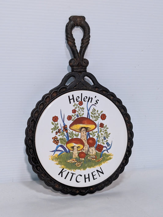 Vintage "Helen's Kitchen" Cast Iron Ceramic Tile Trivet 11" L x 7" W