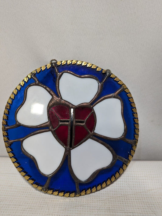 Vintage 7" Stained Glass Medallion Blue Background, White Clover, Red Heart