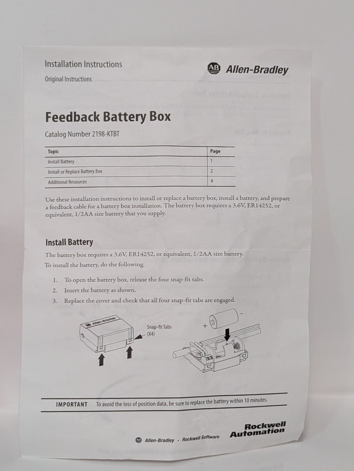 (1) NEW Allen Bradley 2198-KTBT Ser A PN-D178180 Battery Box Rockwell Automation