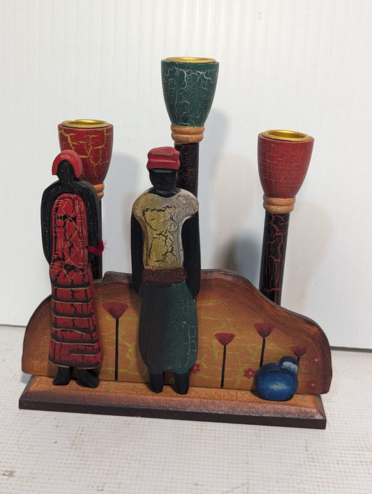 African Wooden Candle Holder Three Candle Sticks - Free Shipping