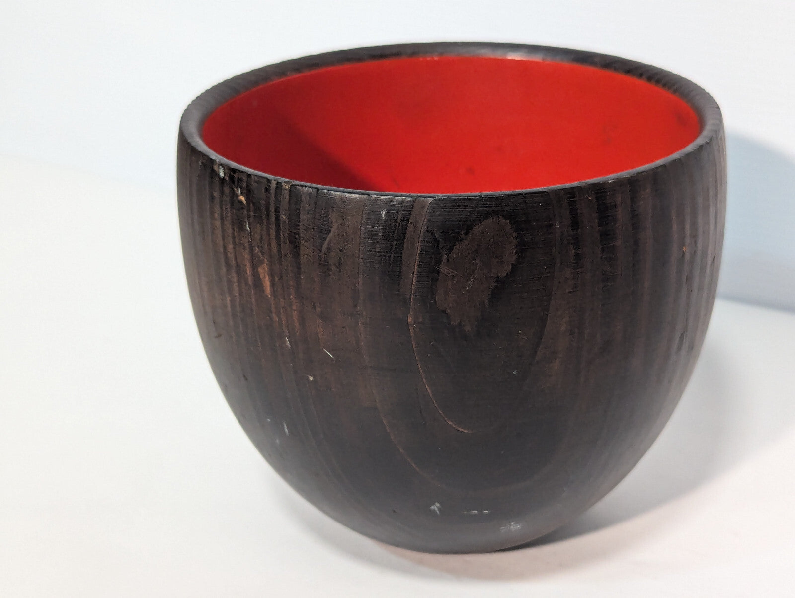 Unique Vintage Mid-Century Wooden Chalice Bowl Wood Stand Pedestal, Red Interior