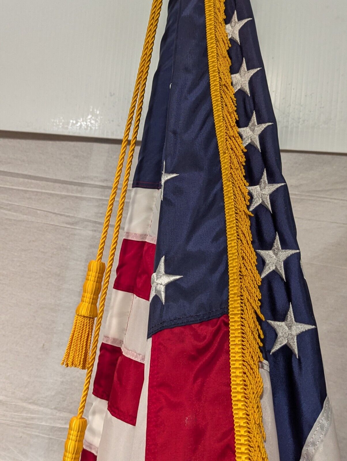 Vintage Indoor 3' x 5' American Flag With Gold Fringe and Wooden Flag Pole 99" H