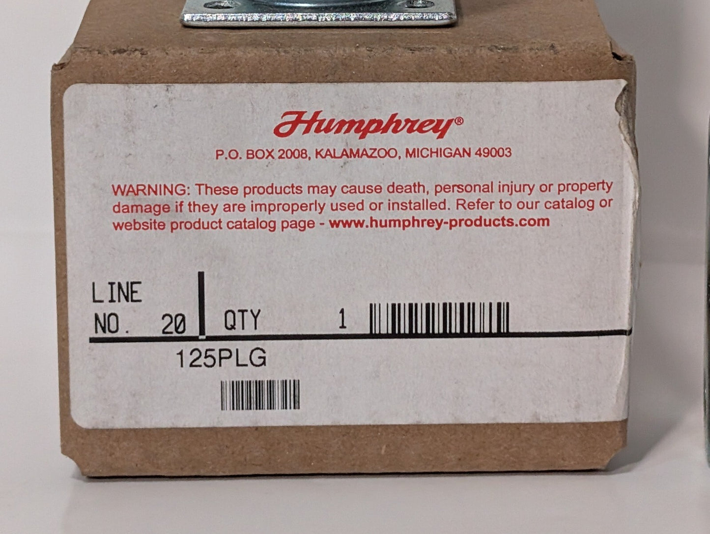 (1) Humphrey 125PLG Diaphragm Poppet Manual Valve, Pneumatic, New Old Stock