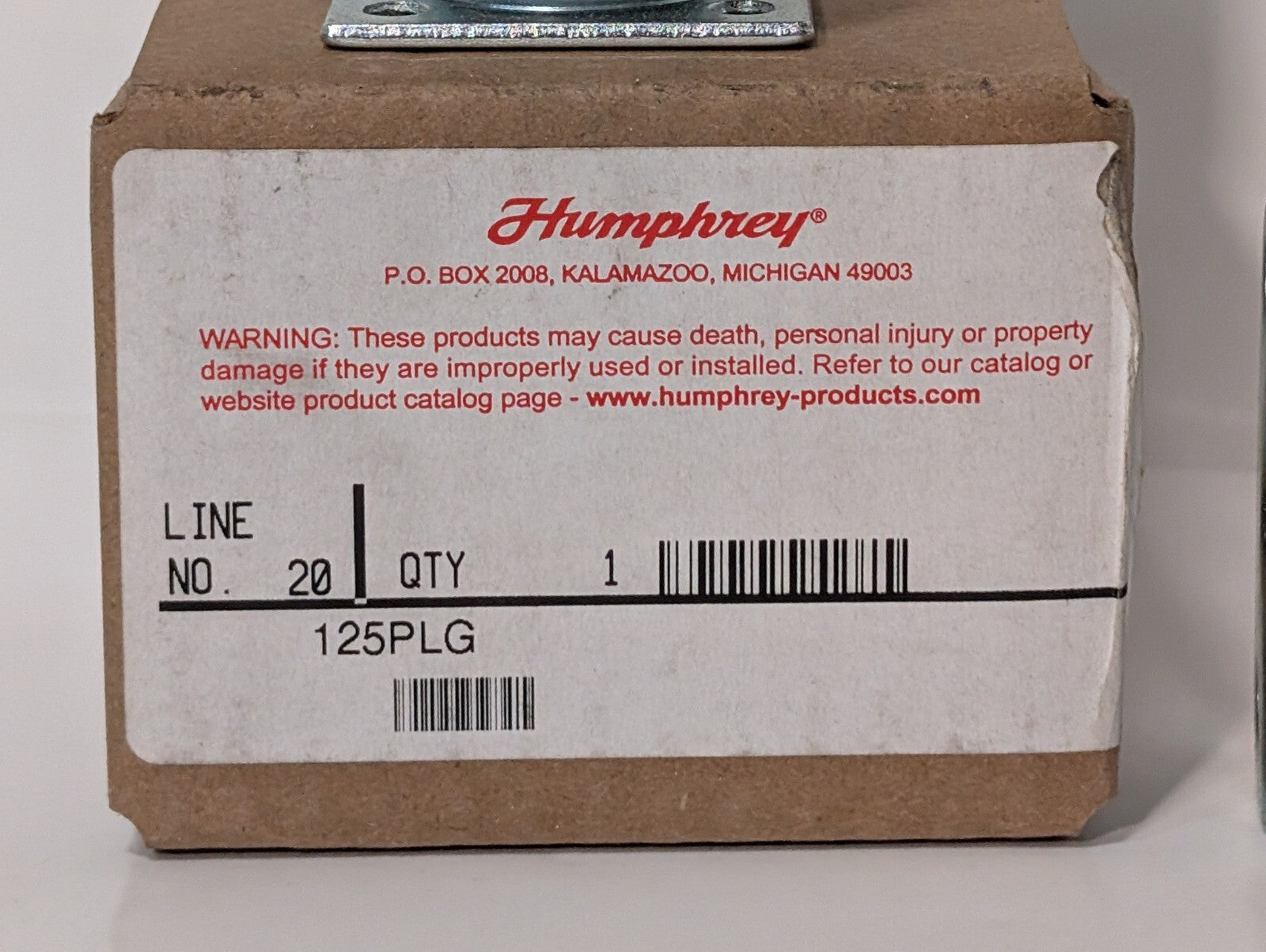 (1) Humphrey 125PLG Diaphragm Poppet Manual Valve, Pneumatic, New Old Stock