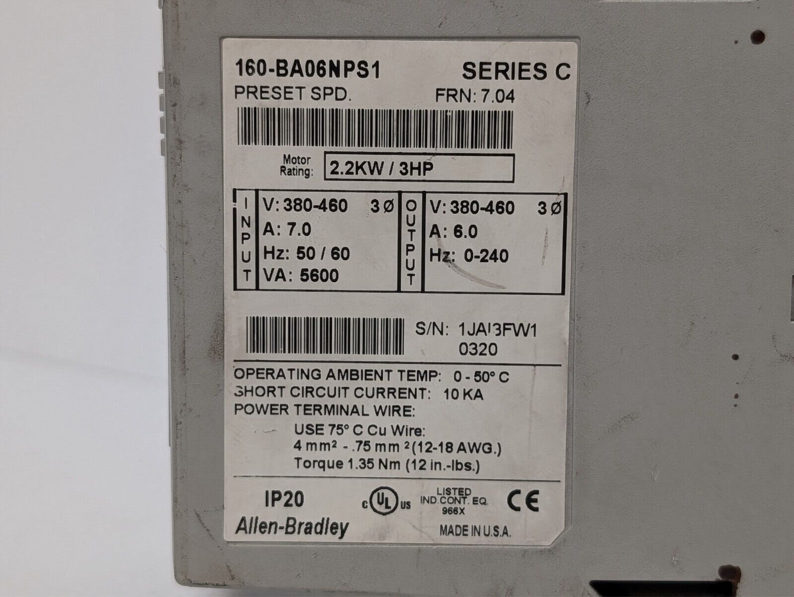 Allen Bradley 160-BA06NPS1P1 VFD 3 HP 2.2 kW Ser C FRN 7.05 160BA06NPS1P1