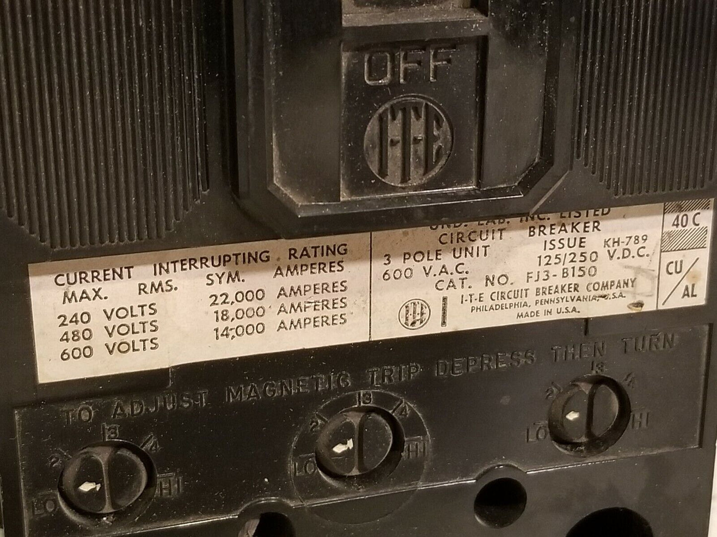 ITE FJ3-B150 Circuit Breaker 3 Pole 600VAC 125/250 VDC 150A