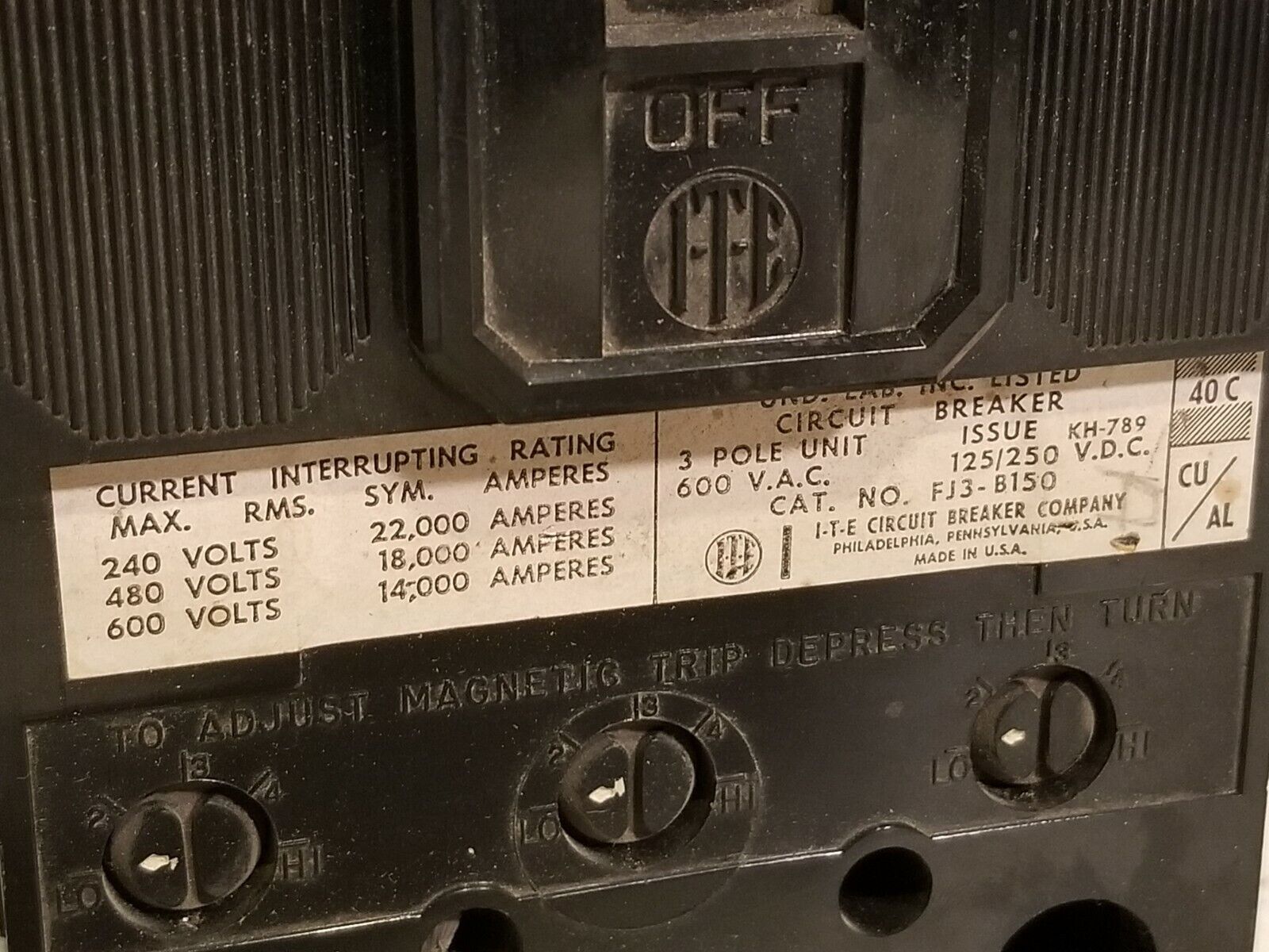 ITE FJ3-B150 Circuit Breaker 3 Pole 600VAC 125/250 VDC 150A
