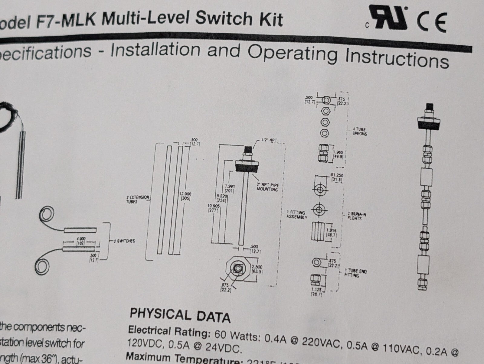 WE Anderson (Dwyer) Model F7-MLK Multi-Level Switch Kit, Vertically Mount