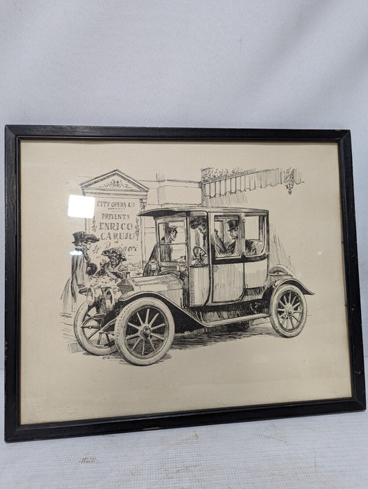 Vintage framed antique car drawing print, 18 x 15 inches, City Opera