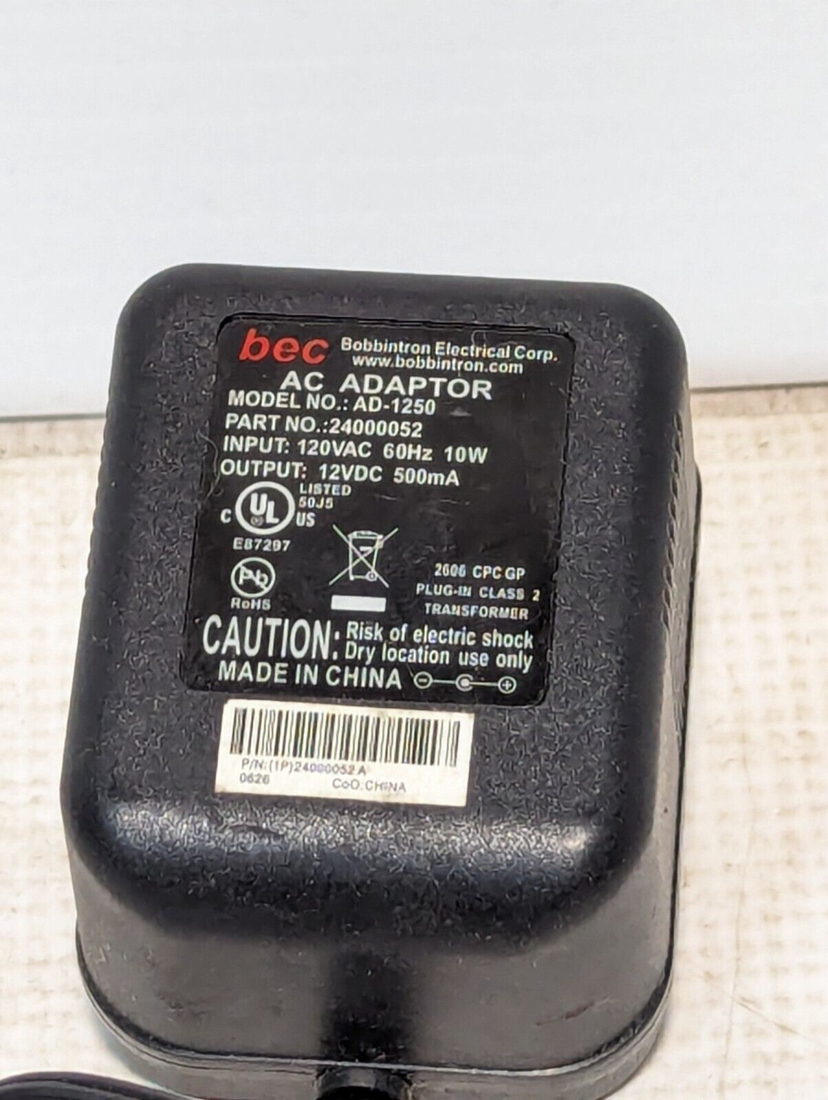 Bec AC Adaptor AD-1250 12VdDC 500mA - Free Shipping