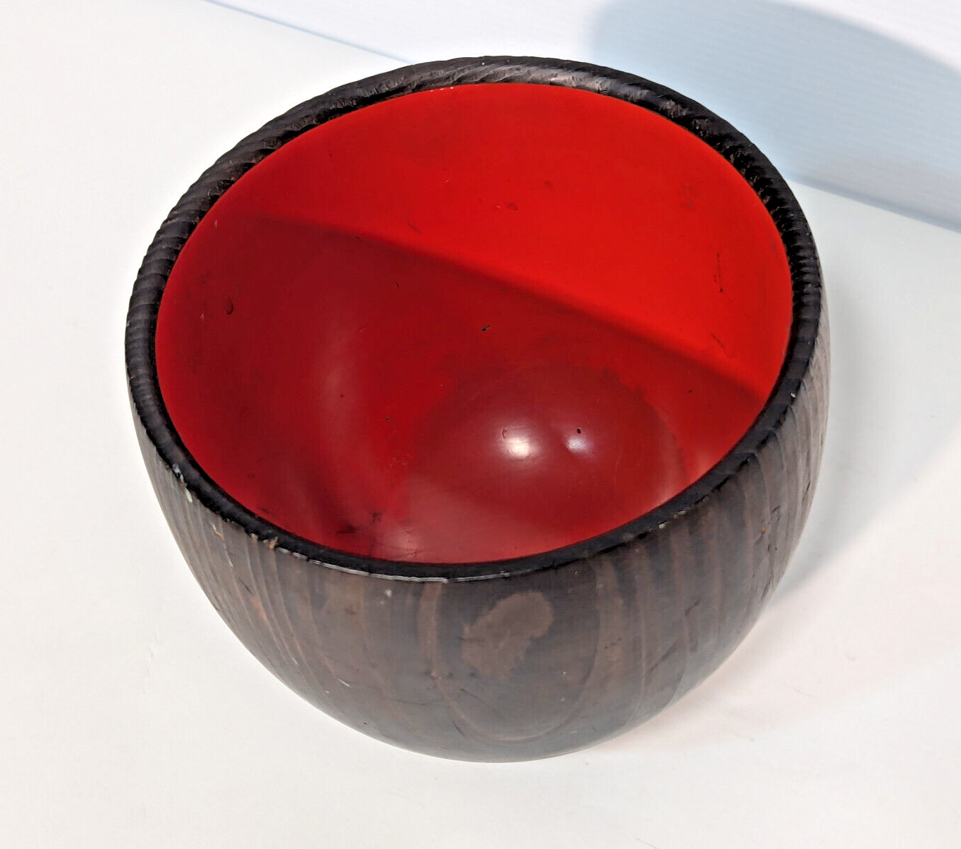 Unique Vintage Mid-Century Wooden Chalice Bowl Wood Stand Pedestal, Red Interior
