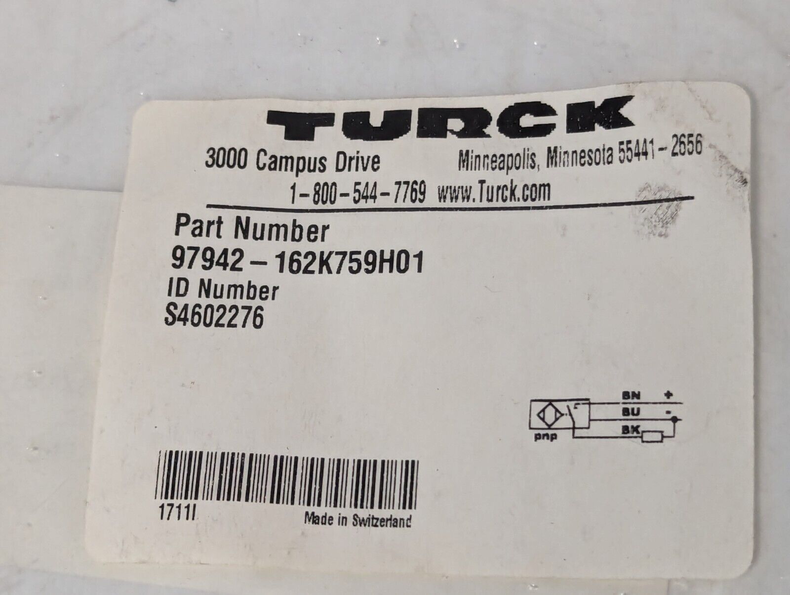 Turck S4602276 Inductive Sensor, 8mm, DC, 3 Wire, 5930-11-000-2860, 162K759H01