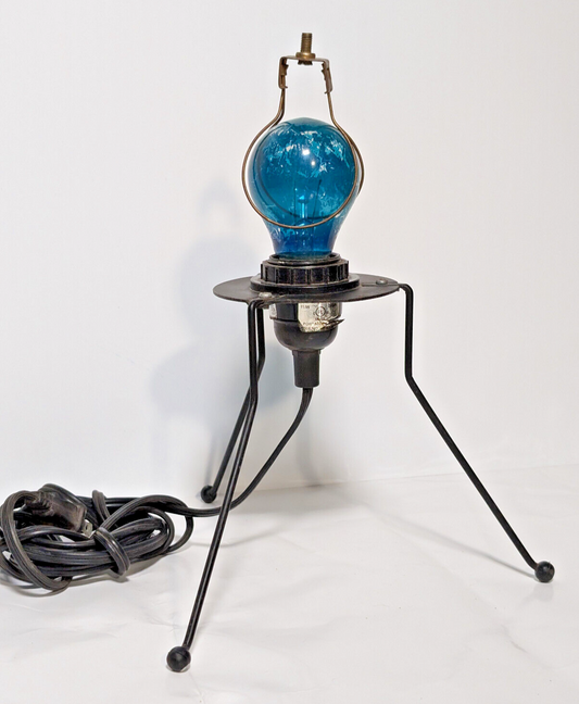 Vintage 1980s blue bulb, black metal, stilt lamp, minimalist, post-modern, pop