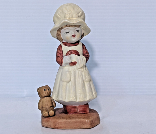 Vintage Ceramic Figurine Girl, Teddy Bear, Chores, Bonnet, Holly Hobbie, 1970s
