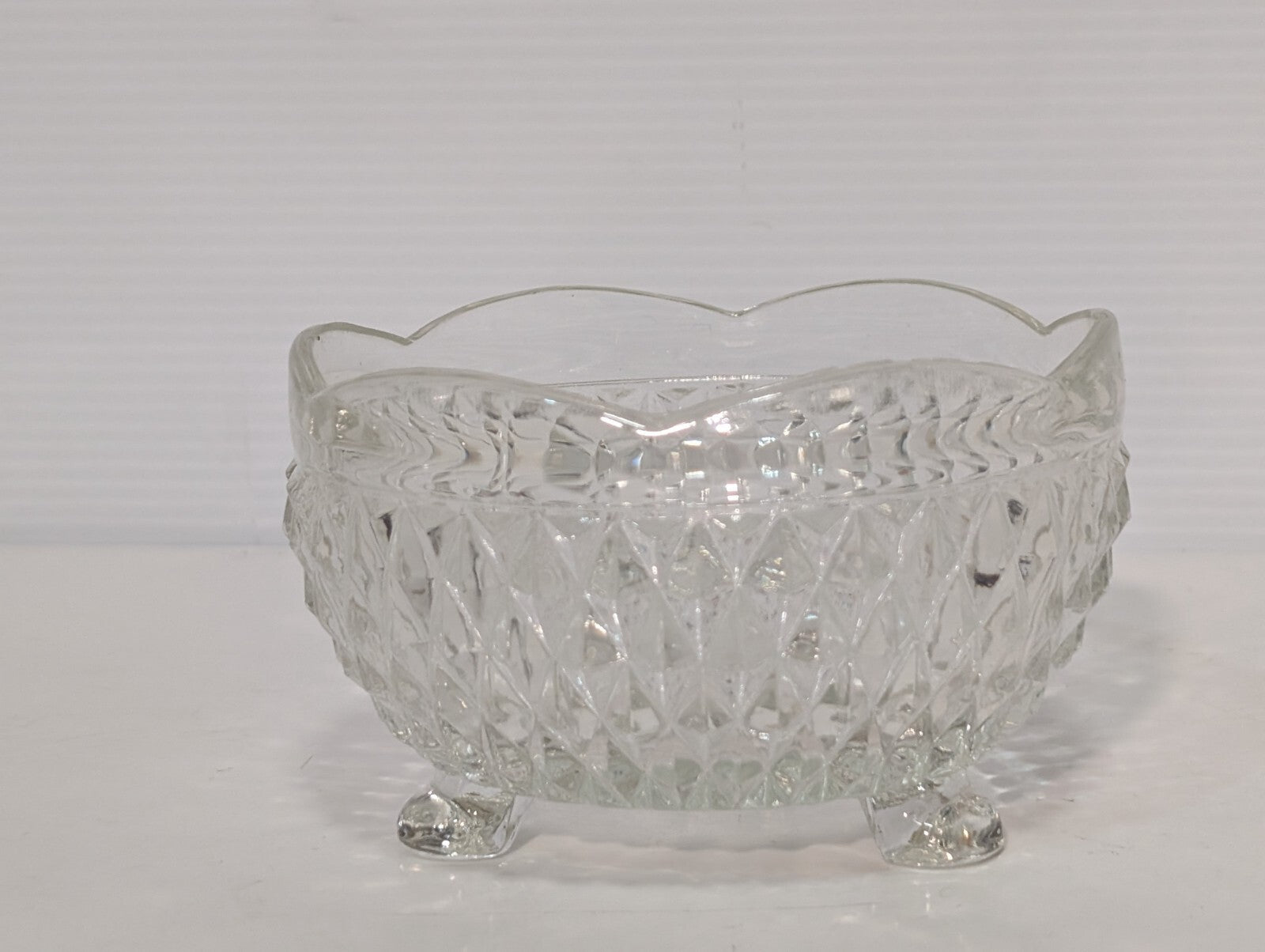 Vintage Indiana Glass Clear Diamond Point 3 Toed Candy Dish 5” x 3”
