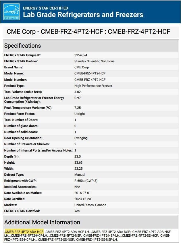 CME CMEB-FRZ-4PT-2-ADA-HCF Undercounter & Mid-Size Laboratory Refrig & Freezer