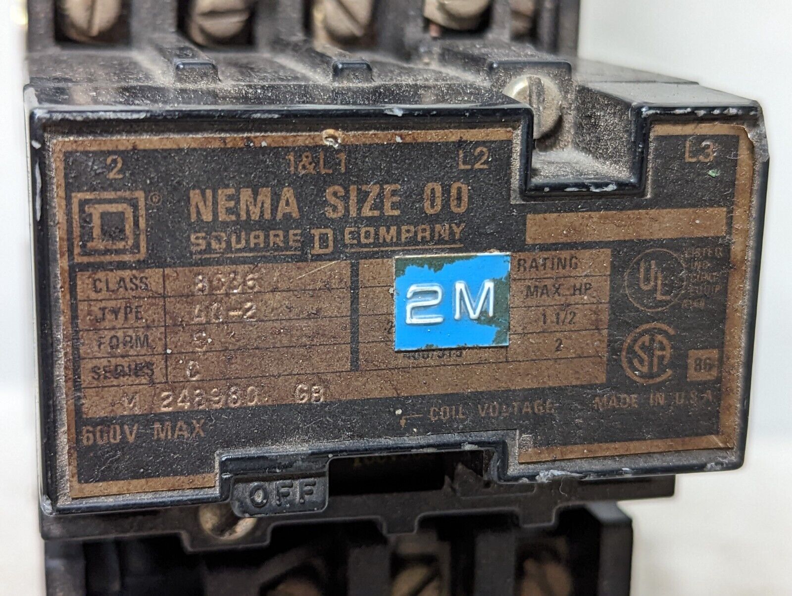 Square D 8536AO2 starter, NEMA size 00, 110-115V 60Hz, 100V 50Hz coil