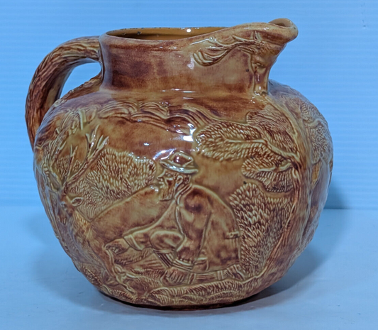 Vintage Brown Glazed Pottery Pitcher Elk, Deer, Buck, Hunters, Forest Wood Scene