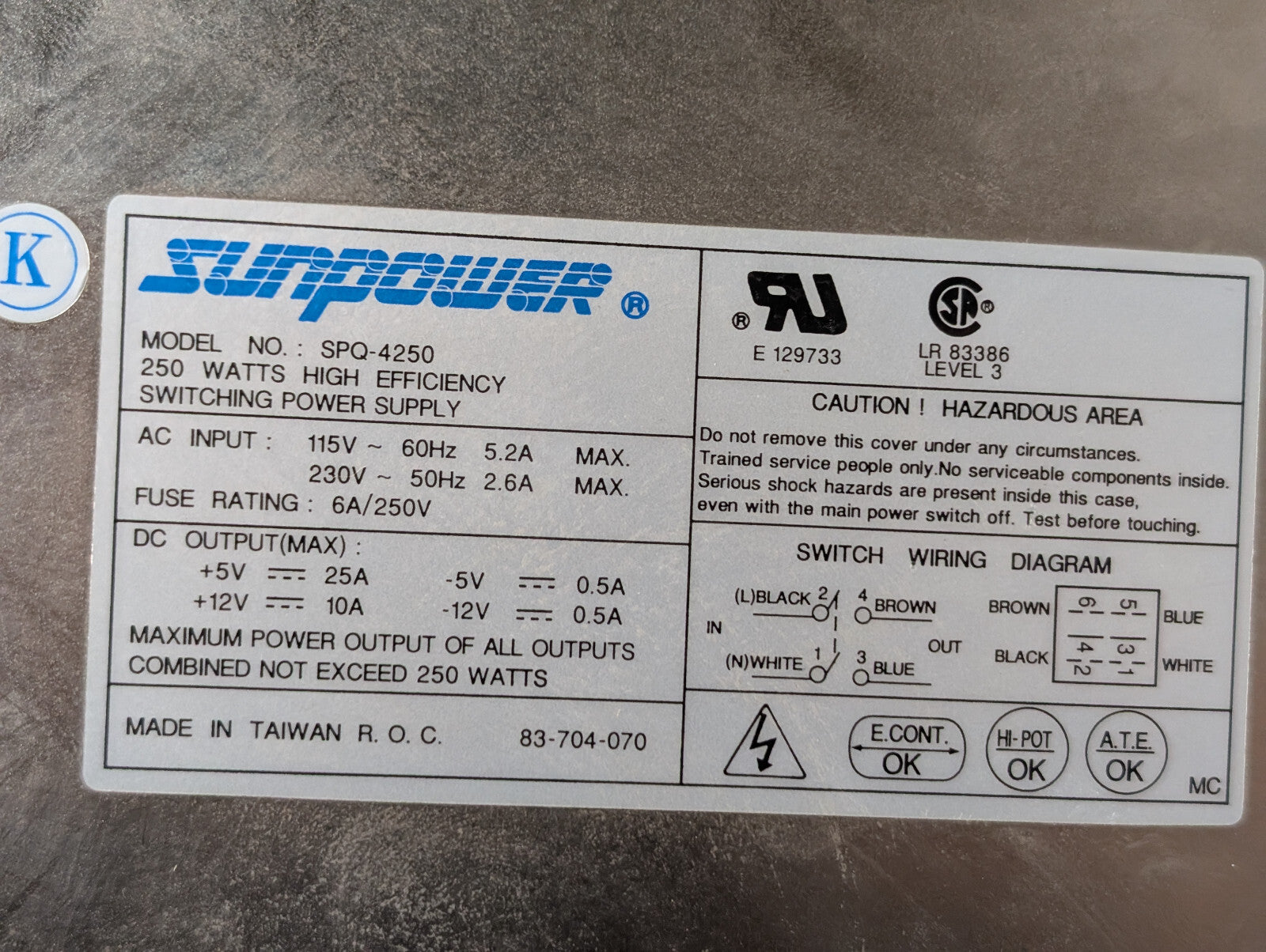 Sunpower SPQ-4250 High Efficiency Switching Power Supply, 250W, Marsh RP29423
