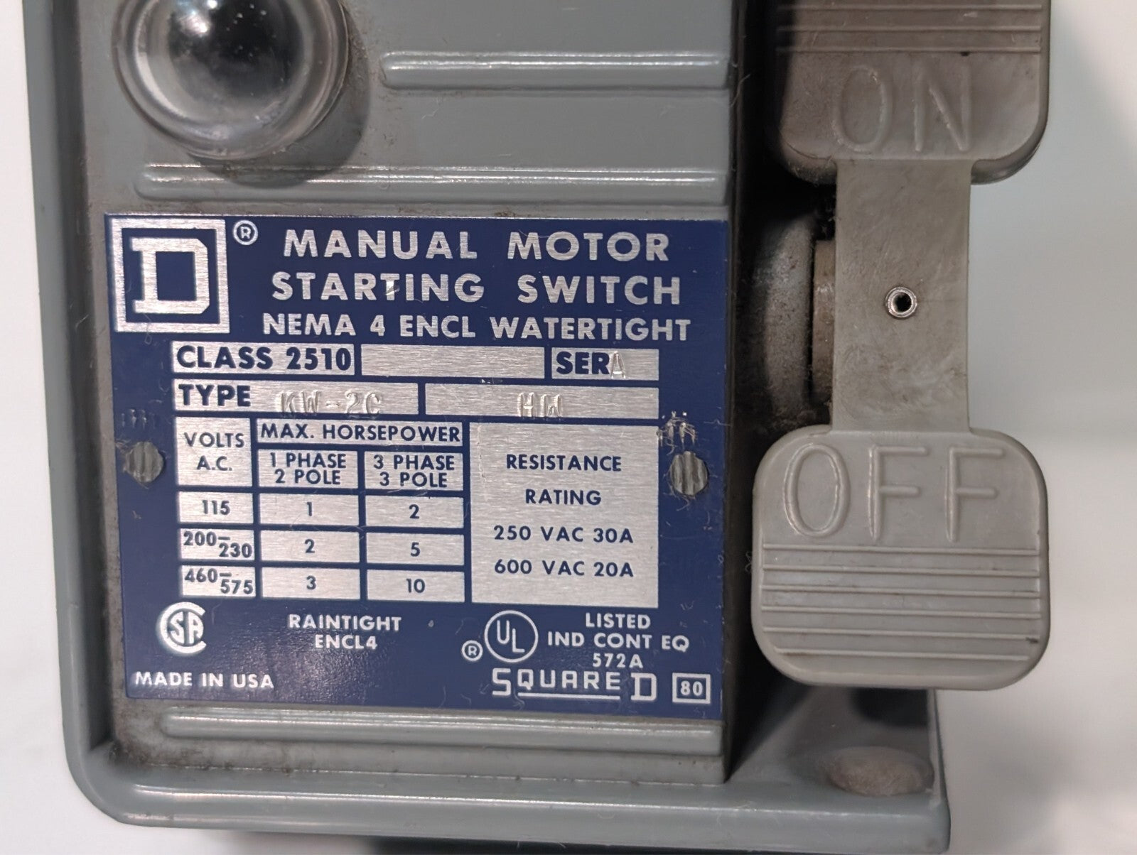 Square D 2510 KW-2C HW MANUAL MOTOR STARTING SWITCH 600 V 30 A 10 HP