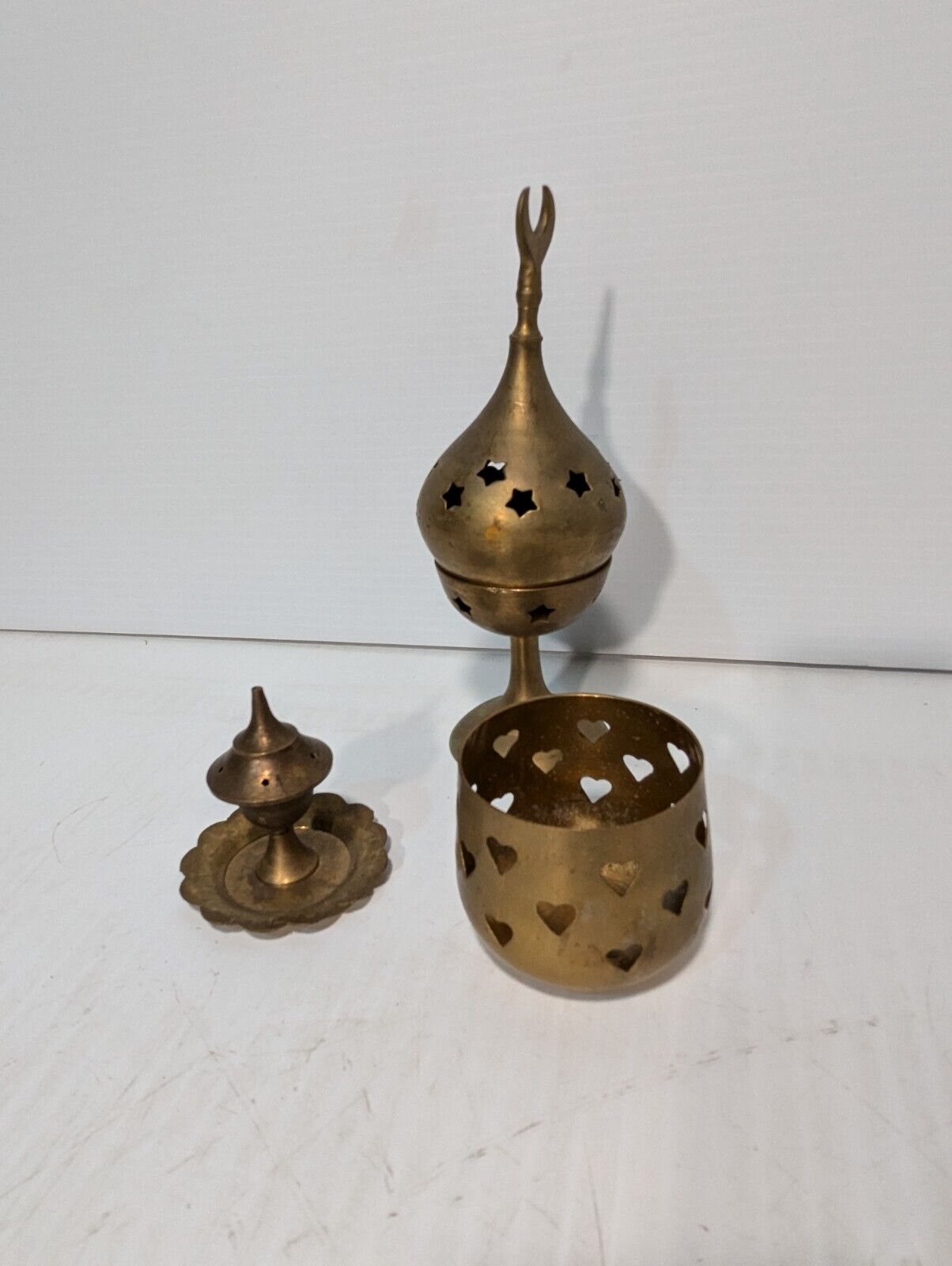 Set of 3 Vintage Brass Incense Burners, Hand Made India - Free Shipping