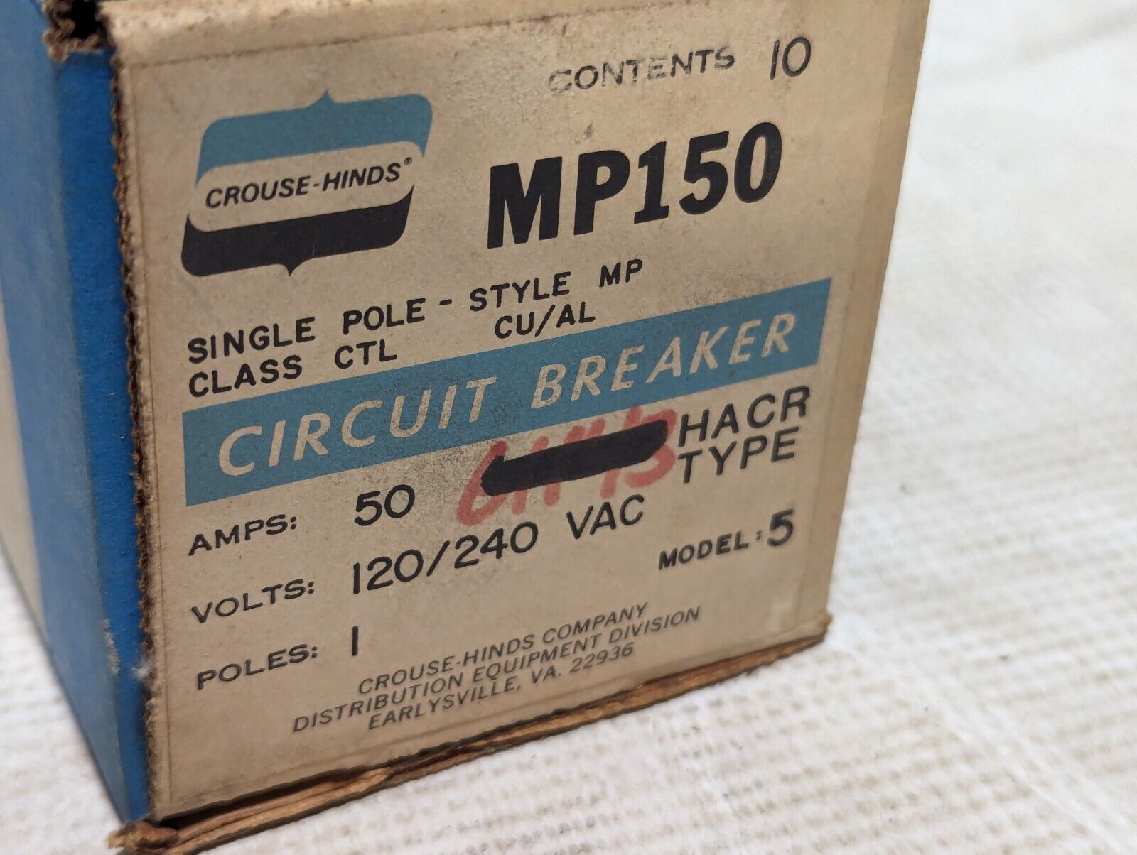 Lot of 10  Crouse-Hinds MP150 Circuit Breaker, 50-Amp, 1-Pole,  120/240VAC