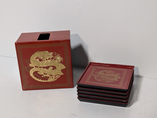 Vintage Japanese Otagiri Red and Gold Dragon Motif Lacquerware Coaster Set