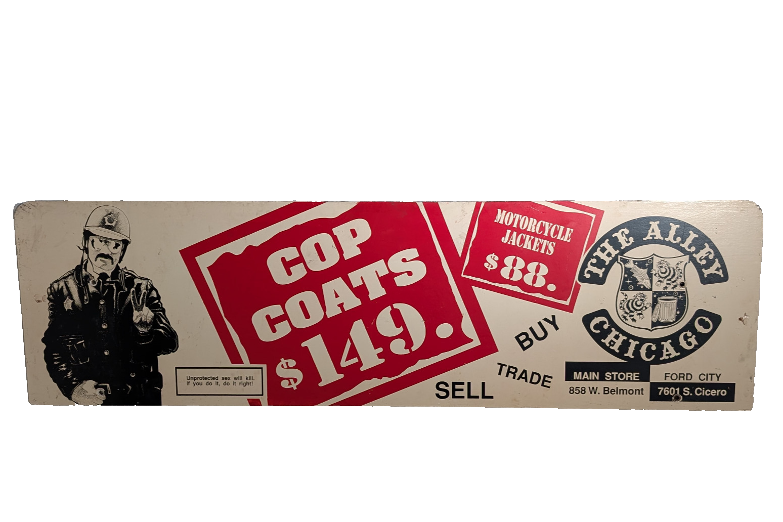 Vintage The Alley Chicago Memorabilia Bus Stop Bench Sign Cop Moto Punk Goth Ad
