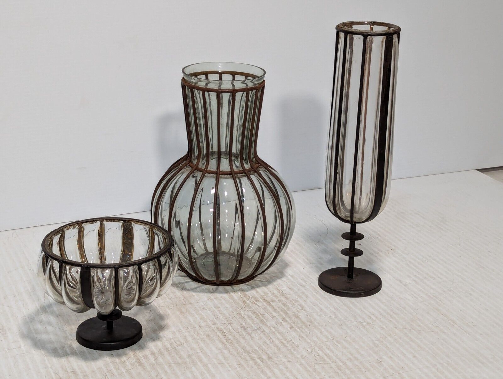 Set of 3 Rare Vintage Brutalist, Metal Caged Blown Glass Vases - Free Shipping
