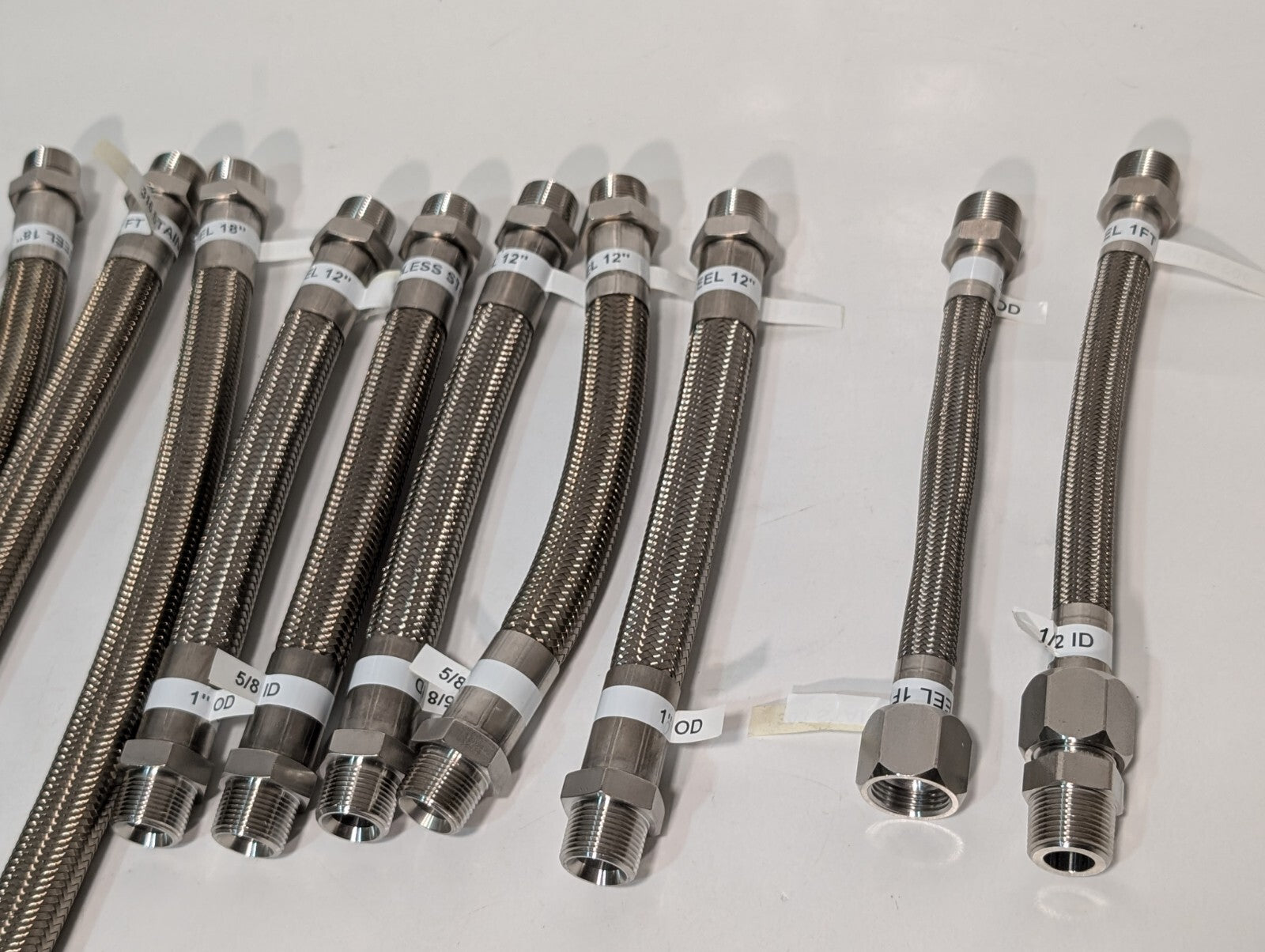 (15) Braided 316 Stainless Steel Flex Hoses, Assorted Lengths Sizes Ports