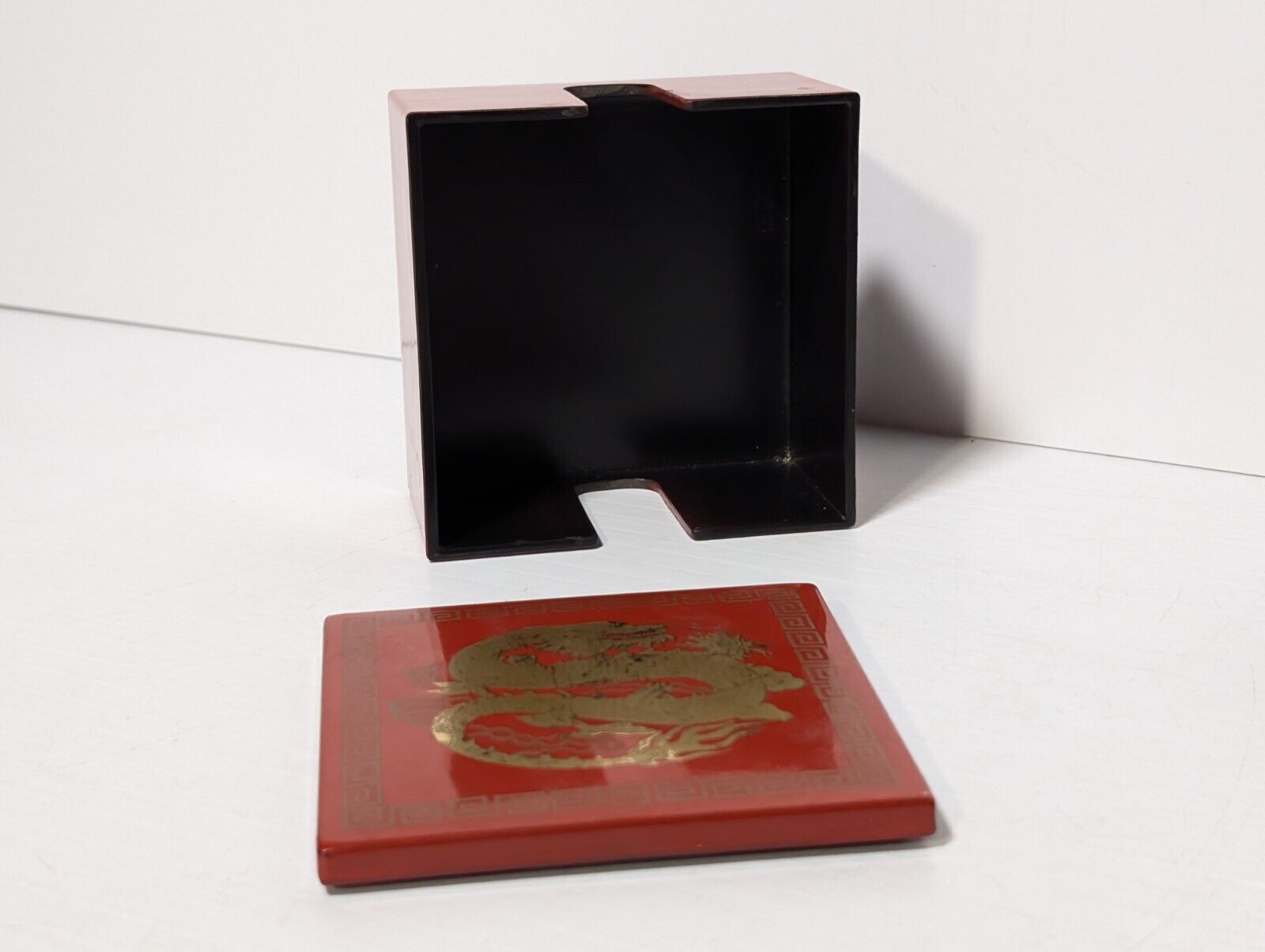 Vintage Japanese Otagiri Red and Gold Dragon Motif Lacquerware Coaster Set