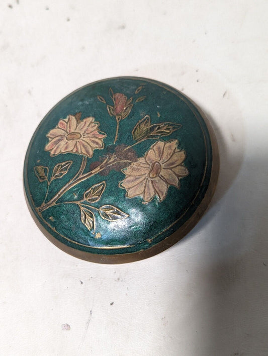 Vintage brass trinket dish with lid painted in a floral design  3" dia x 1" H