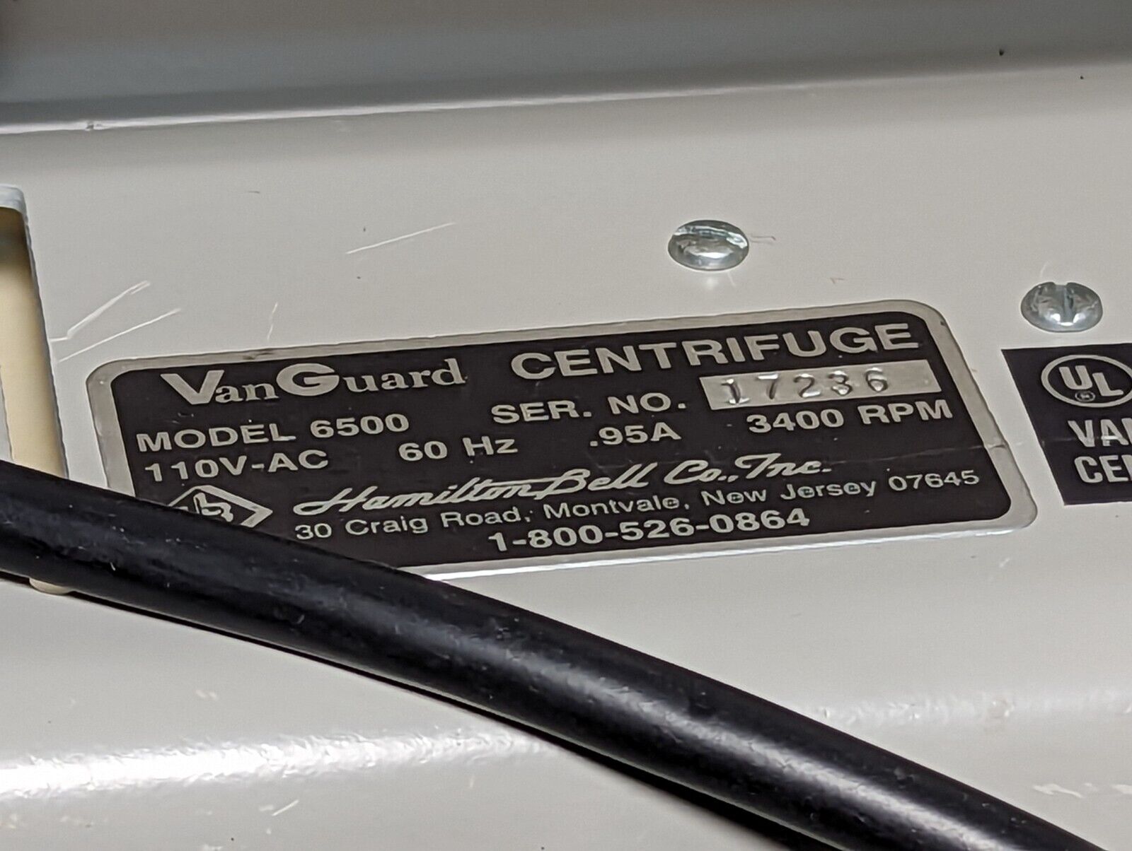 VanGuard V6500 centrifuge, 3400RPM, 110VAC, 60Hz, 0.95A, model 6500