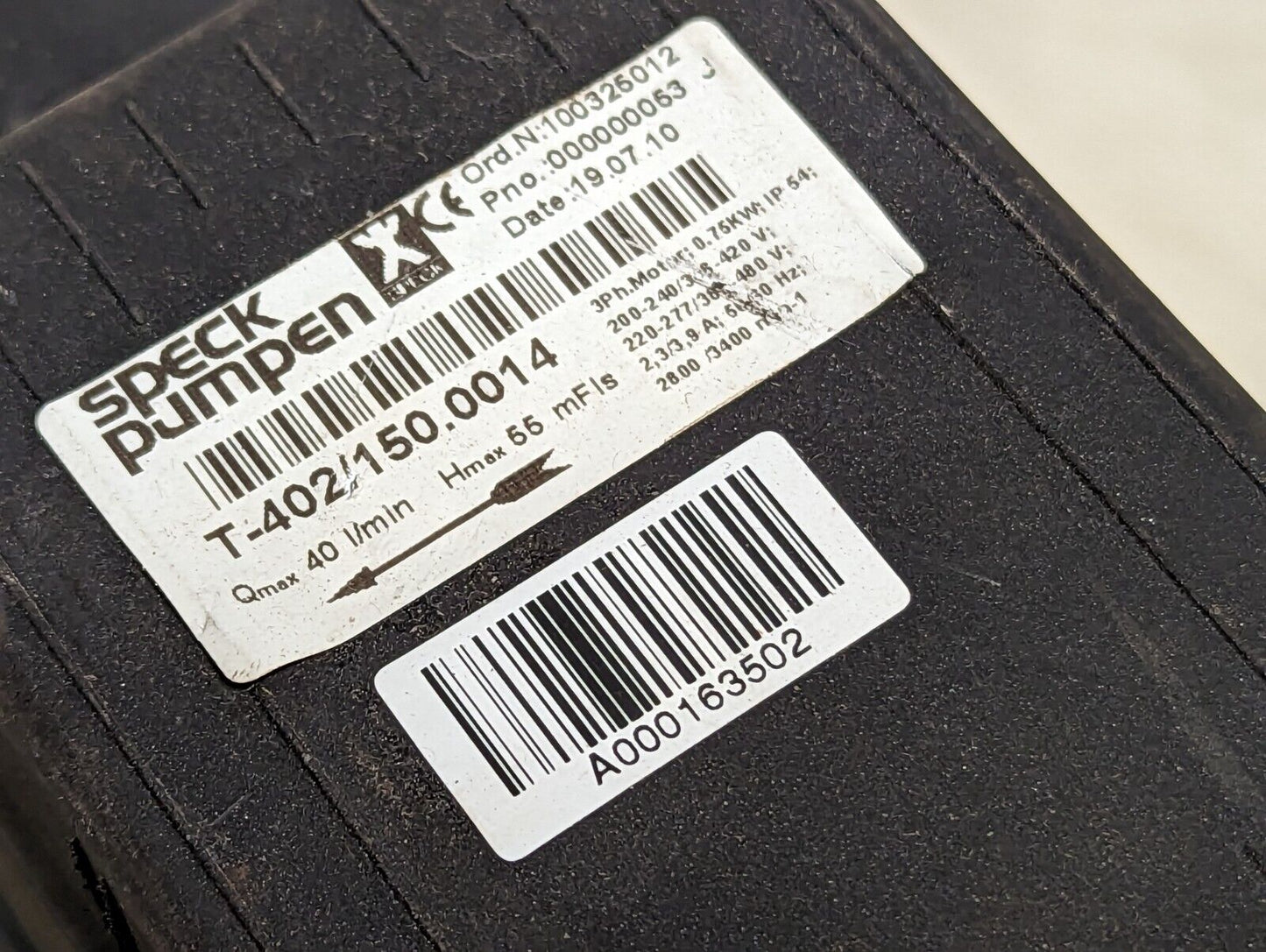 Speck Pumpen T-402/150.0014 3-phase motor, 0.75kW, 200-277/360-480VAC, 2800/3400