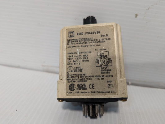Square D 9050 JCK42V20 electrical timing relay, 1/2HP 240VAC max; 1/3HP 120VDC