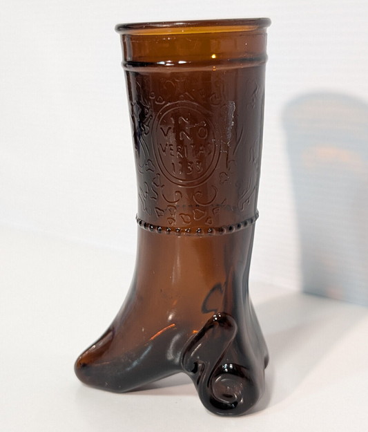 Vintage 1960/70s In Vino Veritas Wine Boot Brown Amber Shot Glass Bud Vase 6"x2"