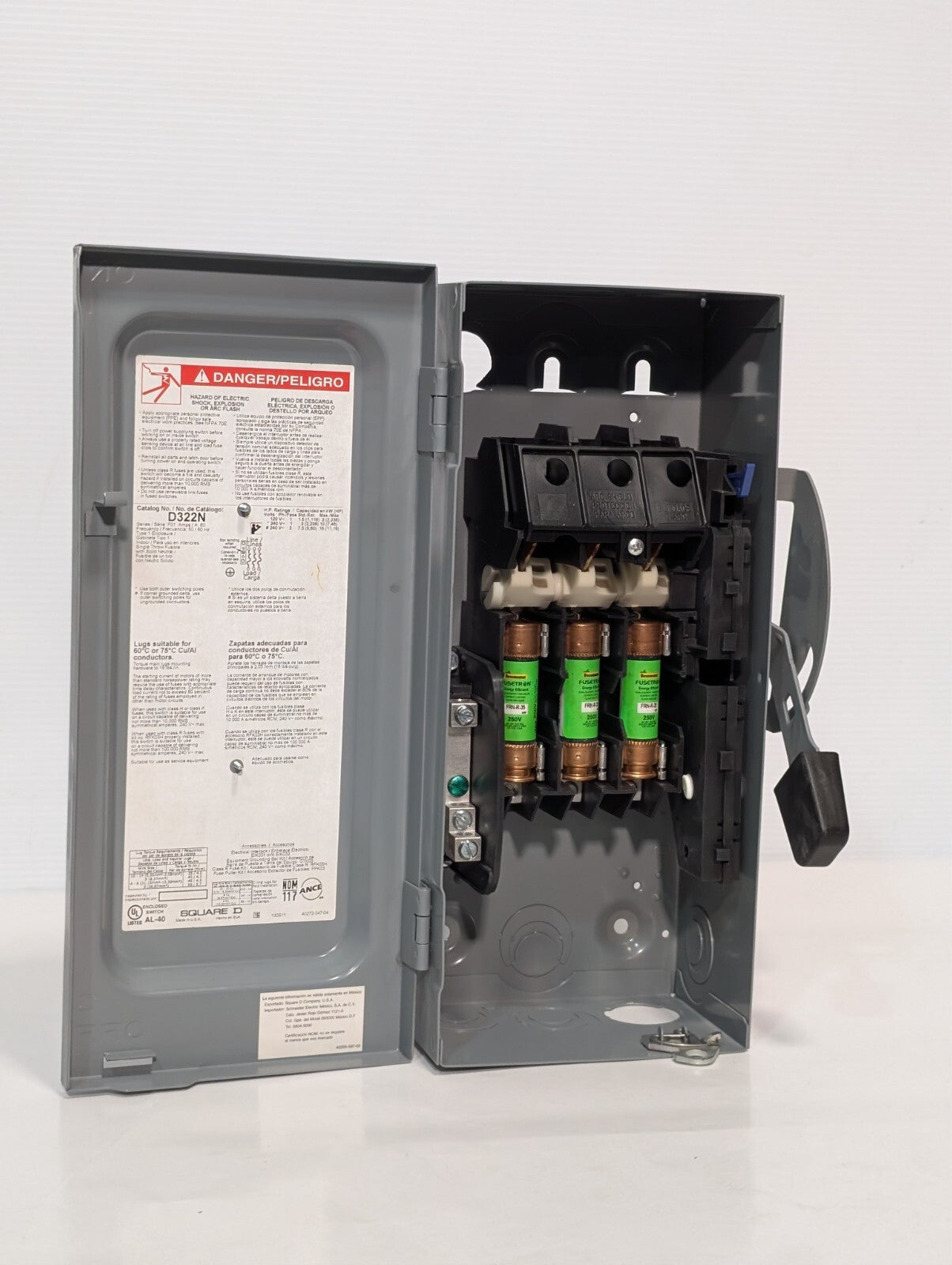 Square D D322N General Duty Safety Switch Fusible 60A 3PH 240VAC FRN-R-35 Fuses