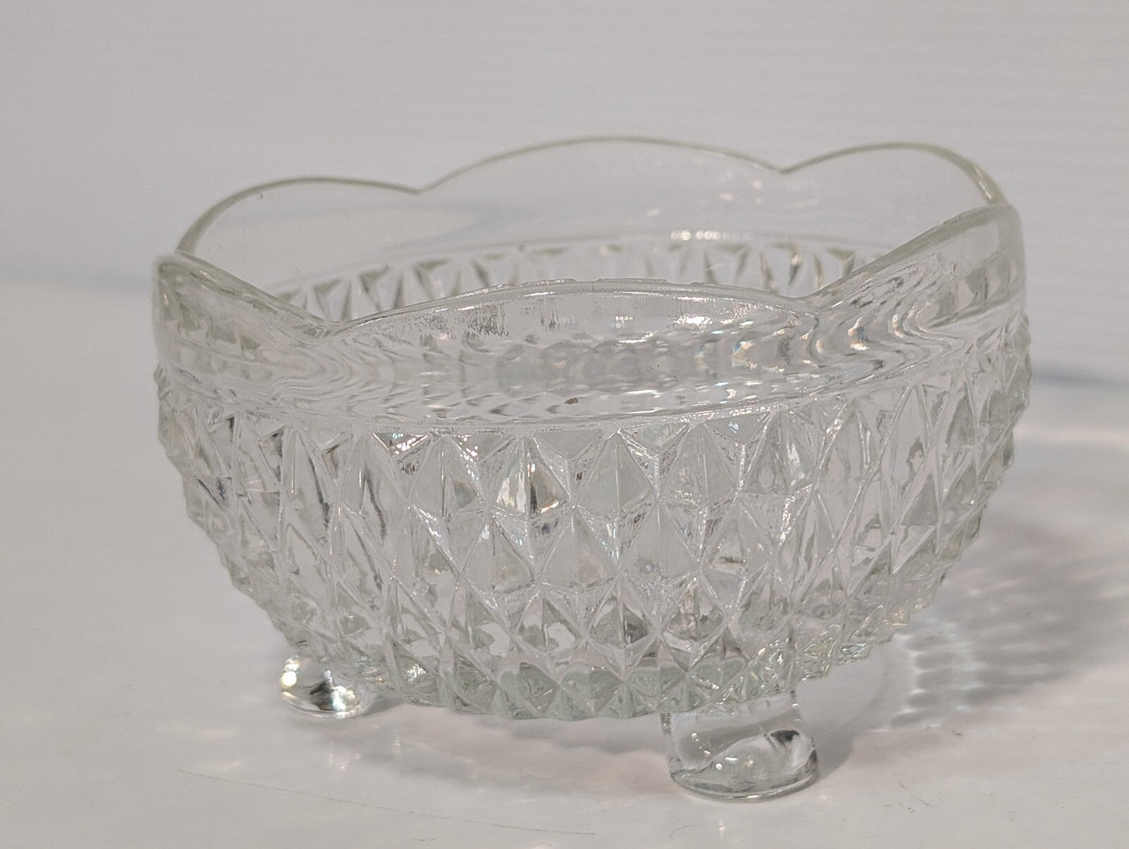 Vintage Indiana Glass Clear Diamond Point 3 Toed Candy Dish 5” x 3”