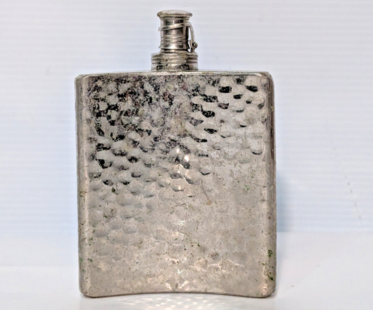 Vintage Hammered Silver Tin-Lined 8oz Liquor Curved Flask, Made in West Germany