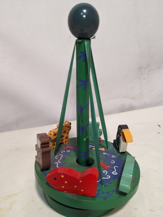 Vintage Maypole Carousel Toy with Wooden Animals  11" tall x 5.5" diameter